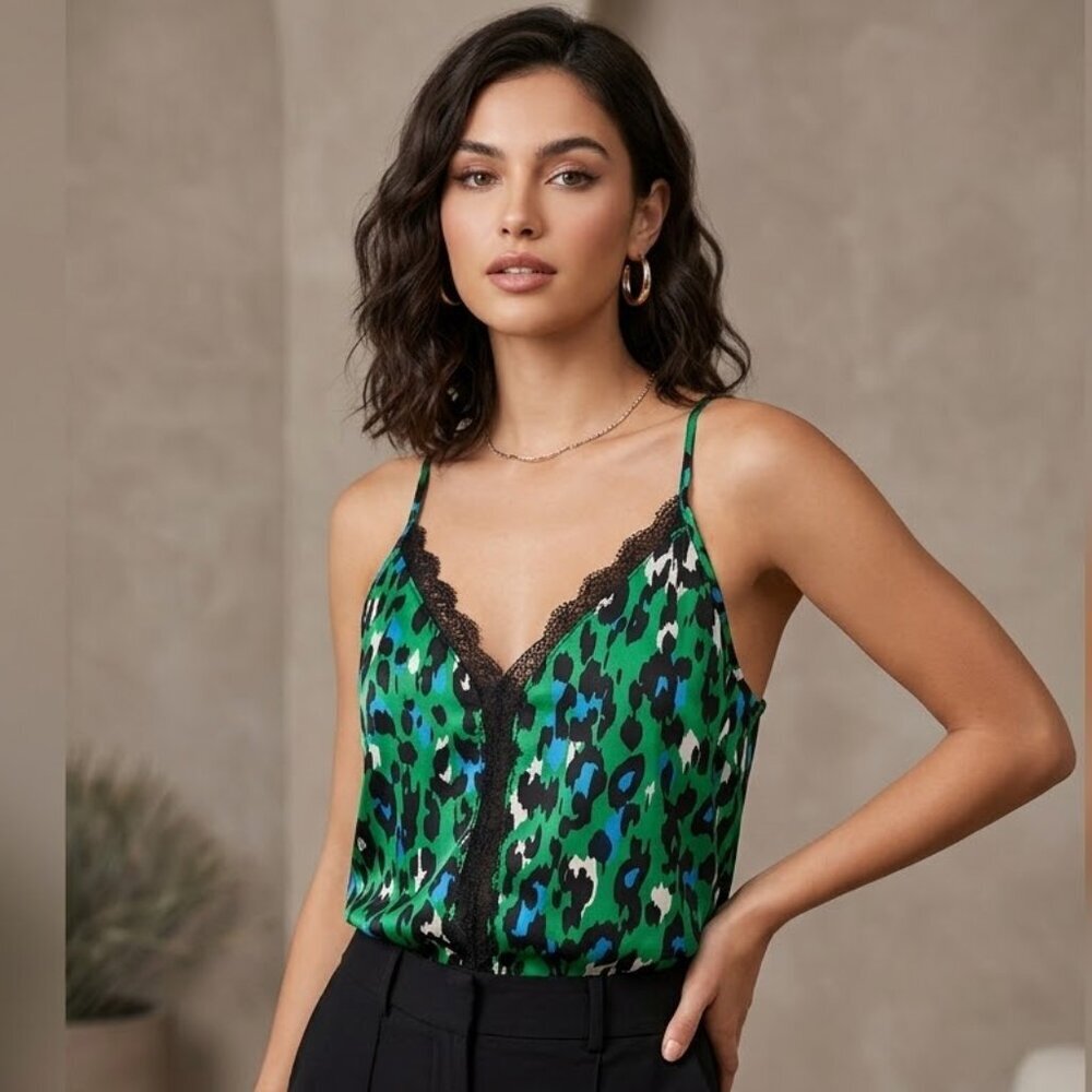 Green & Blue Leopard Print Lace-Trim Cami